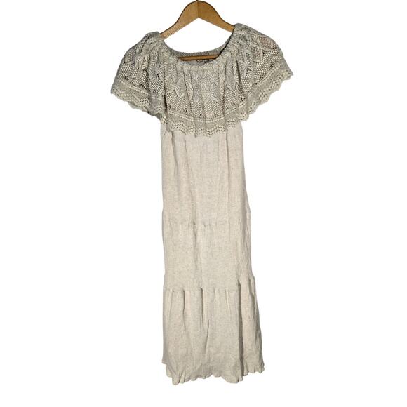 Soft Surroundings Dresses & Skirts - Soft Surroundings Linen Elastic Shoulder Lace Maxi Dress Boho Hippie Nuetral PS